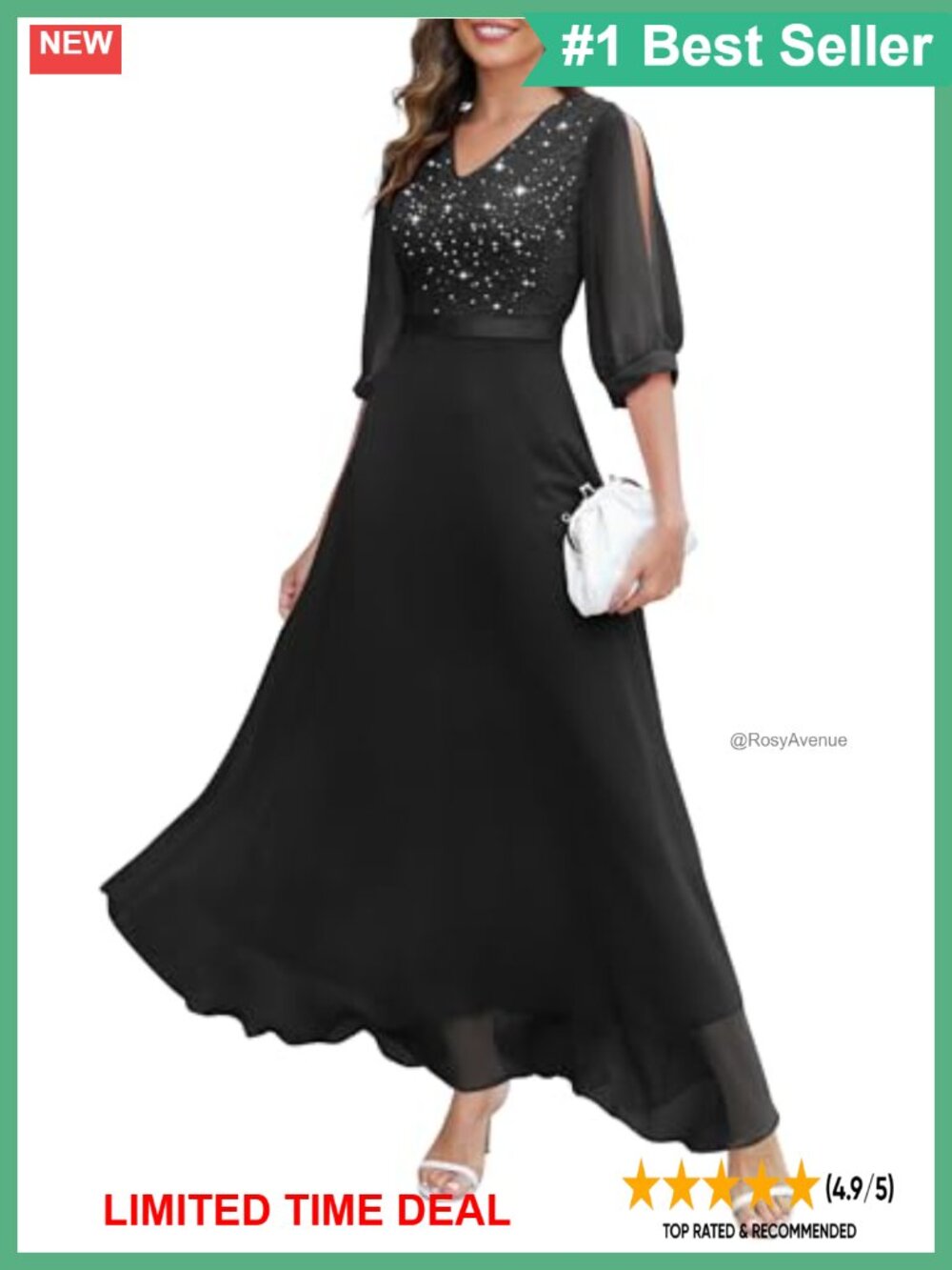 Sequin Lace Maxi Formal Evening Dress Split Sleeve Wedding Guest